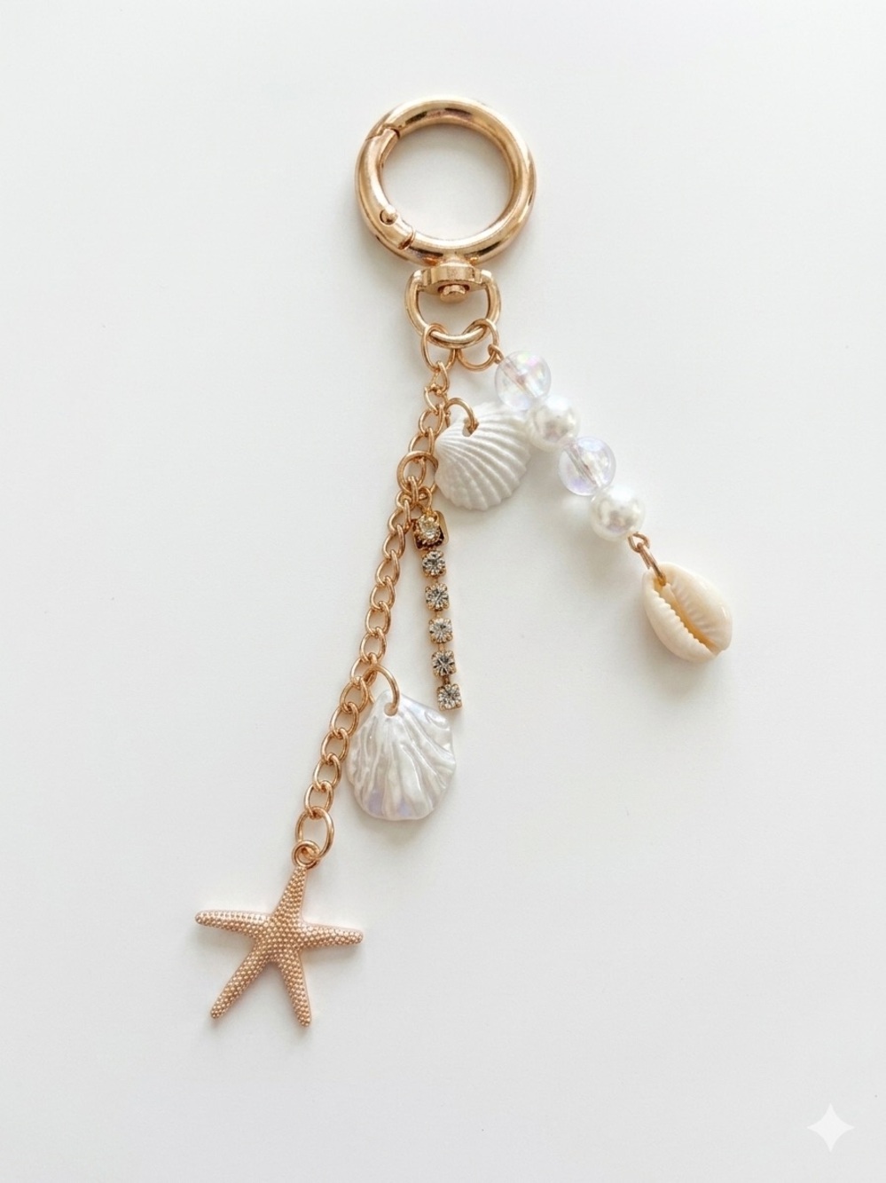 Gold Coastal Seashell Starfish Keychain Mermaid Bag Charm Rhinestone Accent